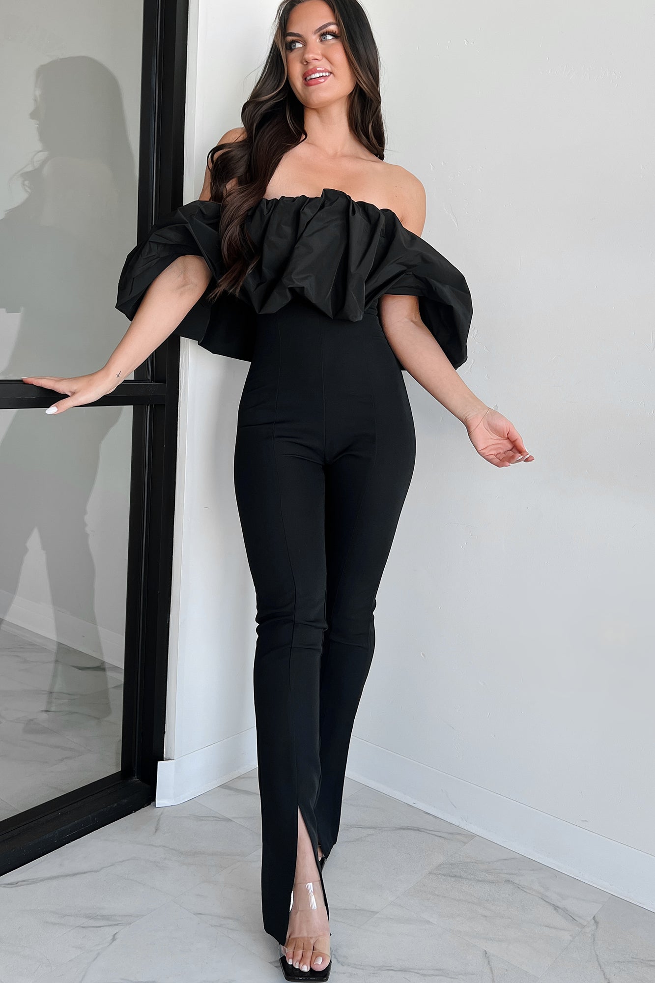 Too Complicated Off The Shoulder Jumpsuit (Black)