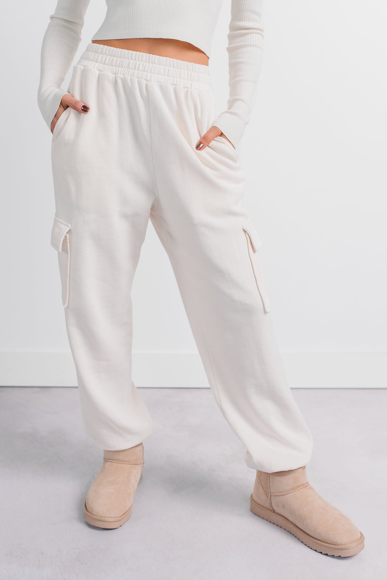 Practicing Patience Fleece Cargo Joggers (Ivory)