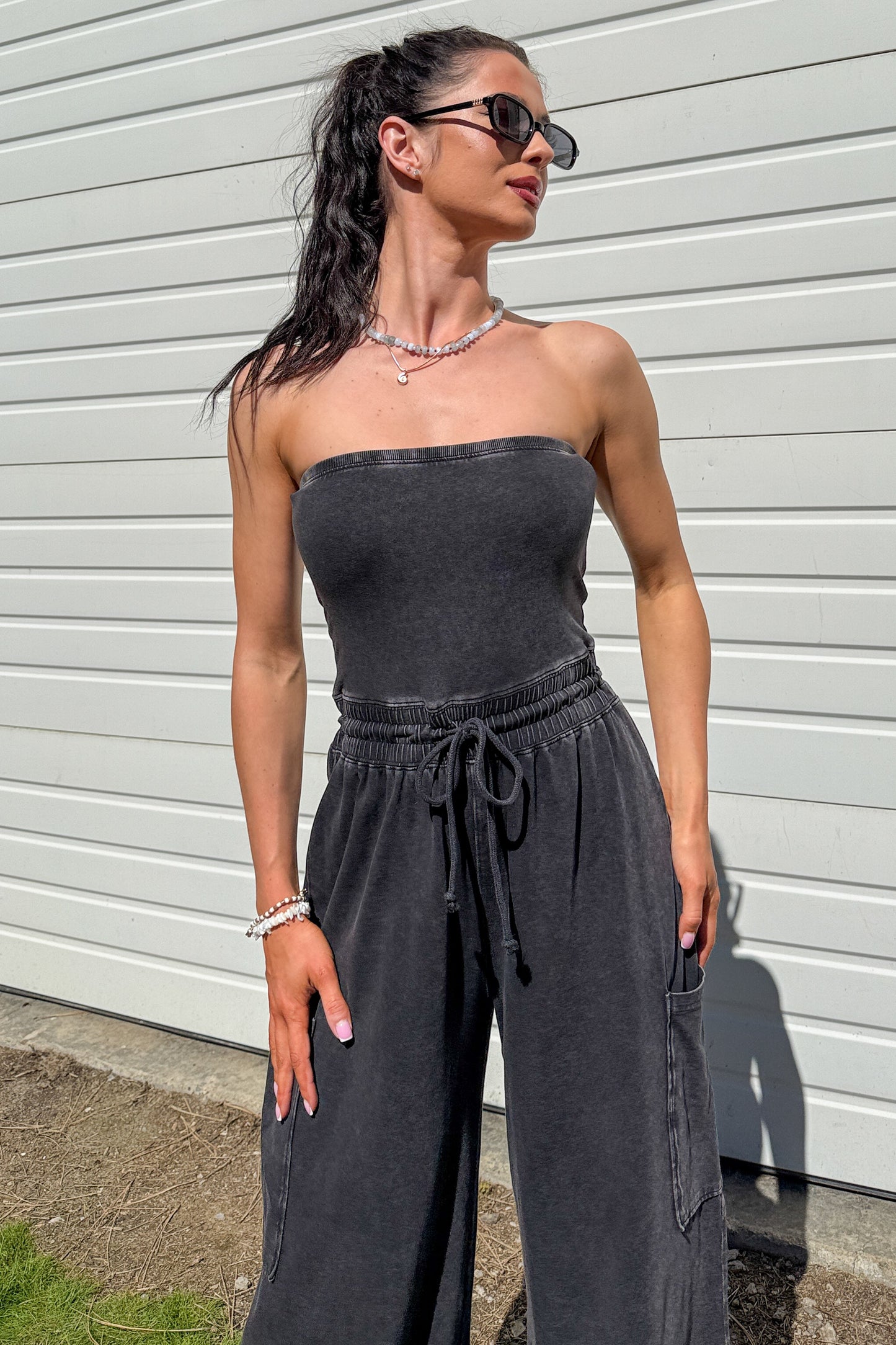 Weekend Uniform Strapless Mineral Wash Jumpsuit (Black)