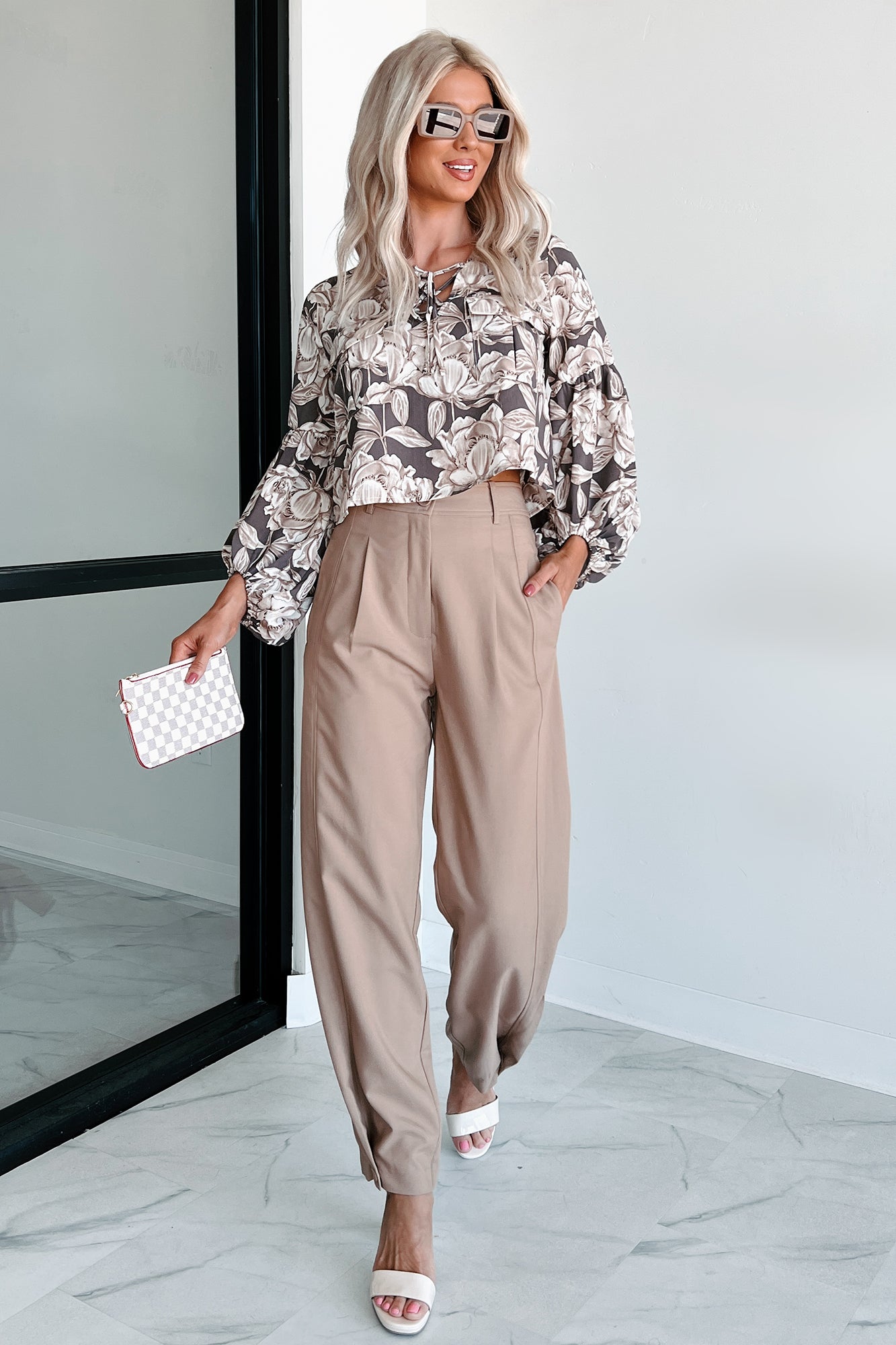 Subtle Blooms Floral Lace-Up Peasant Top (Espresso)