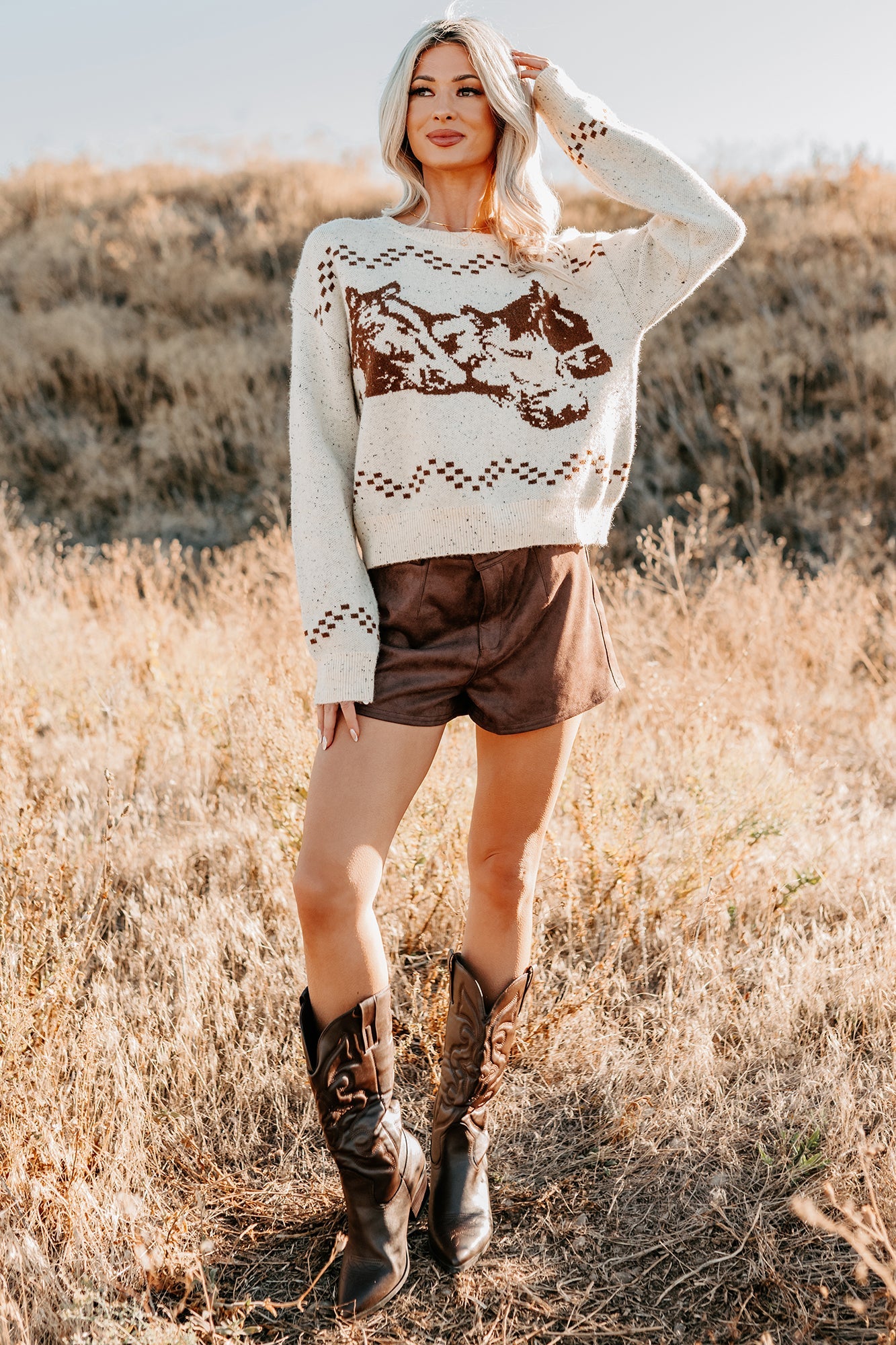 Rodeo Radiance Horse Pattern Knit Sweater (Oatmeal)