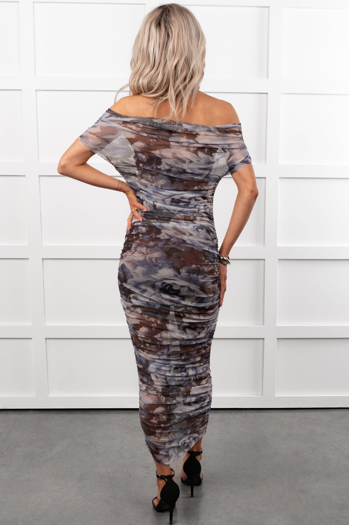 Life Manifest Two Piece Mesh Midi Dress (Grey Floral)