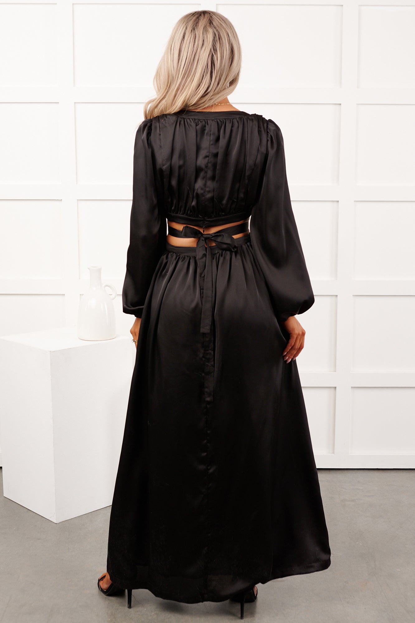 Pure Glamour Long Sleeve Satin Maxi Dress (Black)
