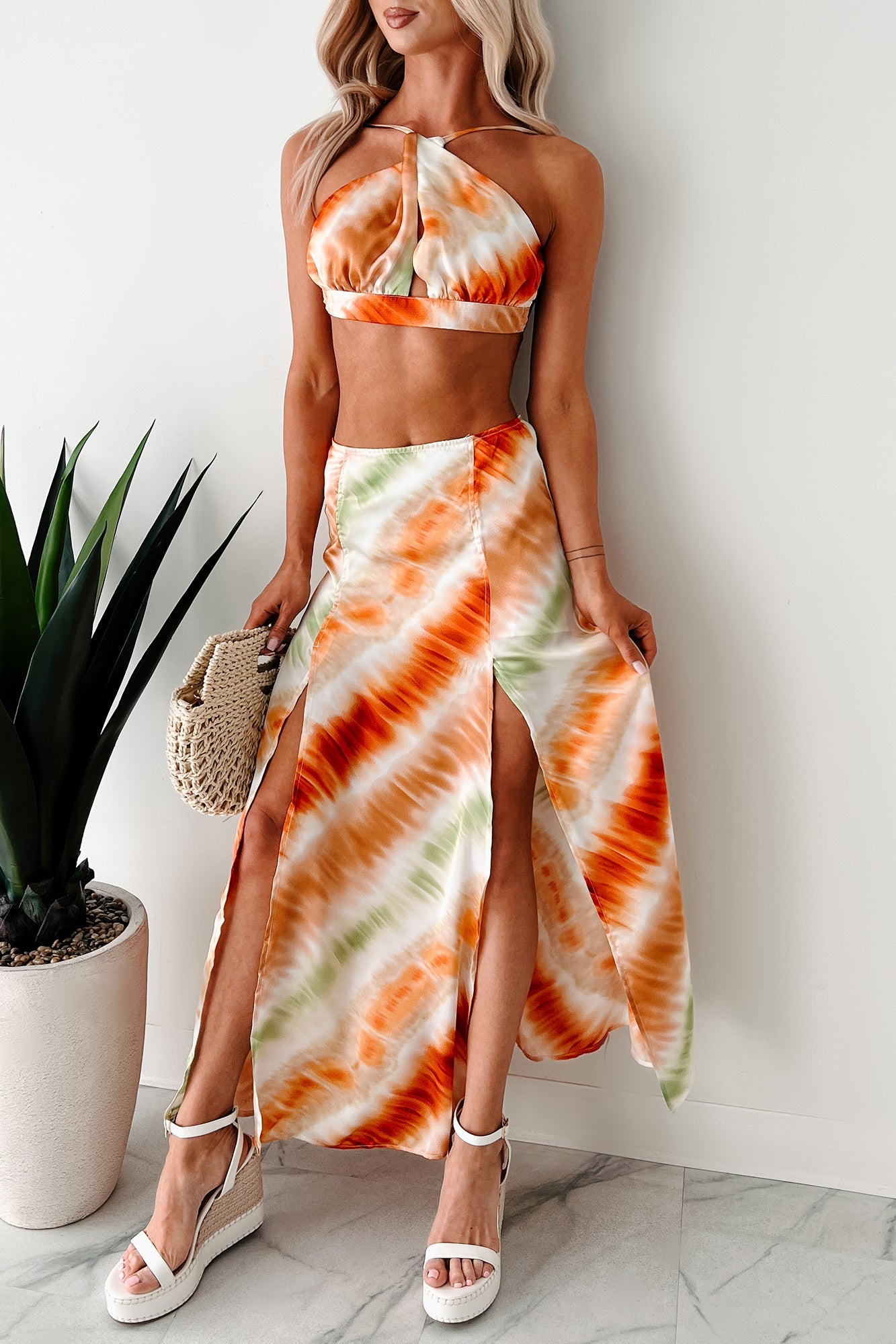 Tropical Tango Tie-Dye Two-Piece Skirt Set (Orange)