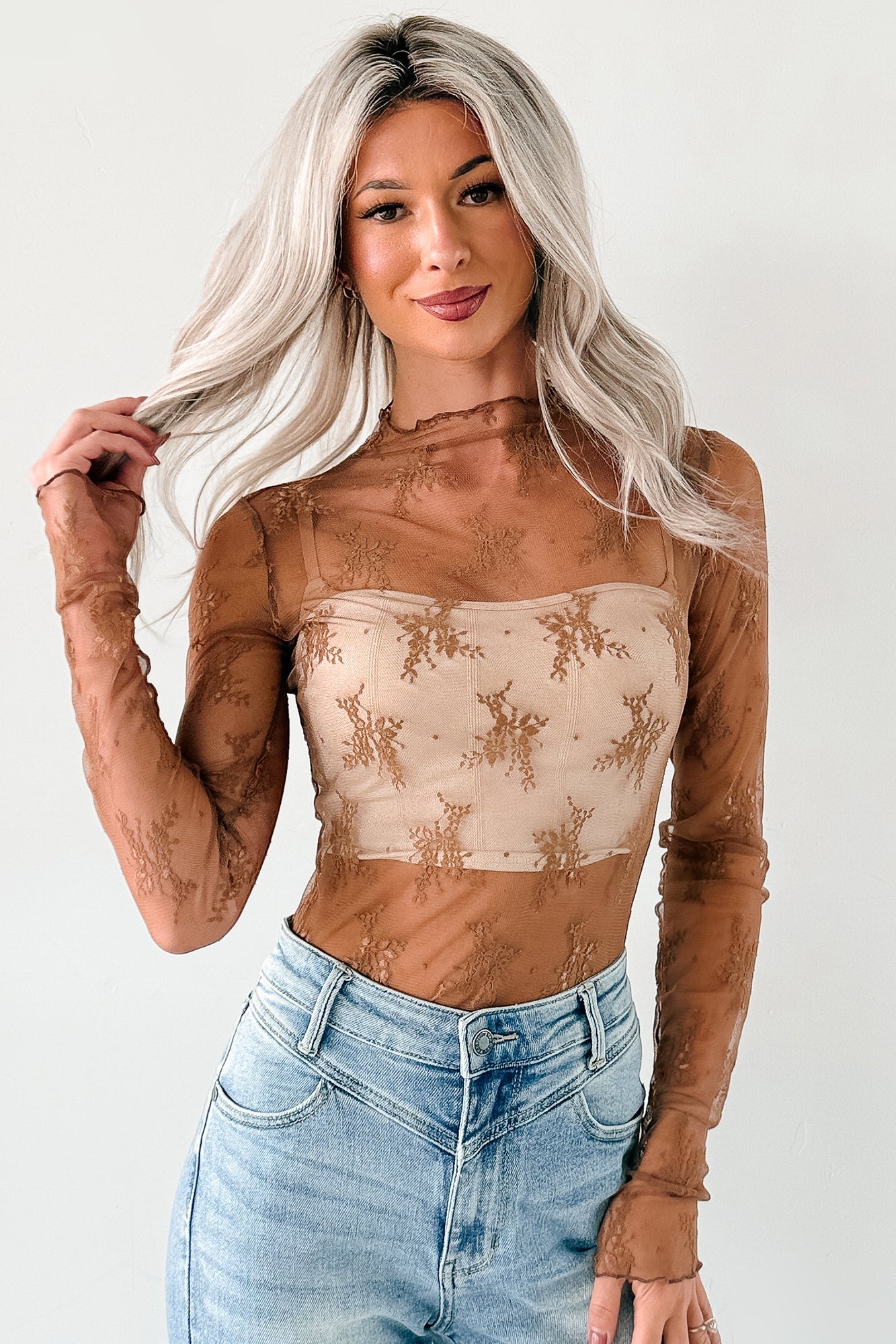 Living For The Likes Lace Long Sleeve Top (Mocha)