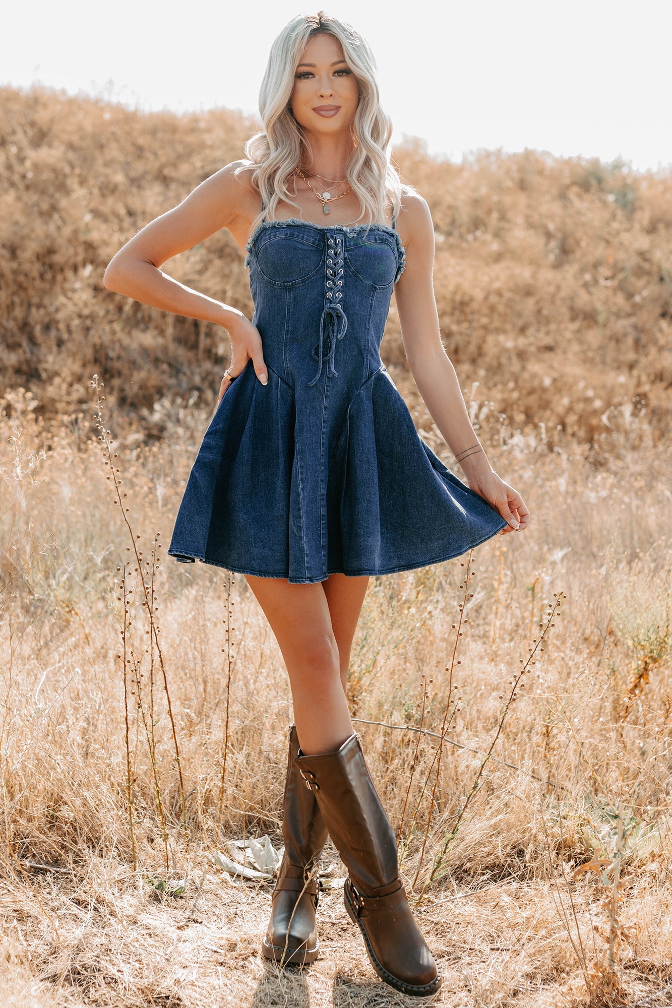 Subtle Power Lace-Up Sleeveless Mini Dress (Denim Blue)